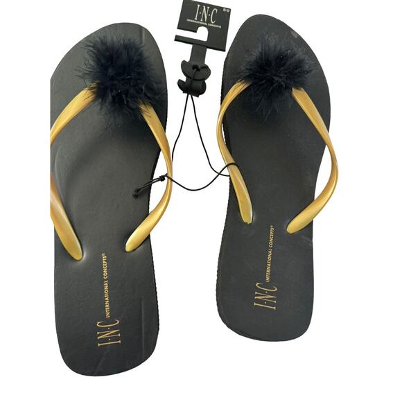 Flip Flops Womens 8/9 *READ* Fur Accent Gold Straps NWT INC Macys Sandals #4093 - Picture 3 of 9